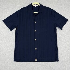 SMR Days Shirt Men Medium Seersucker Gauze Button Down Resort Nautical Navy Blue